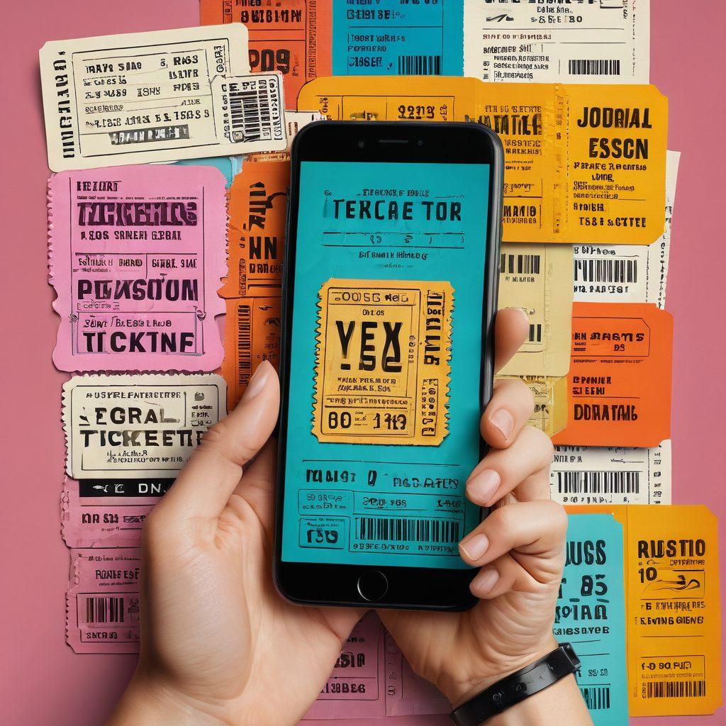 A dynamic collage showcasing the evolution of ticketing, featuring a vintage paper ticket morphing into a digital ticket on a smartphone screen. Include elements like vintage design motifs, modern technology icons, and a timeline backdrop depicting advancements from paper to digital. Use vibrant colors to convey the excitement of this transformation. 3D effect for depth and a sleek, modern aesthetic.