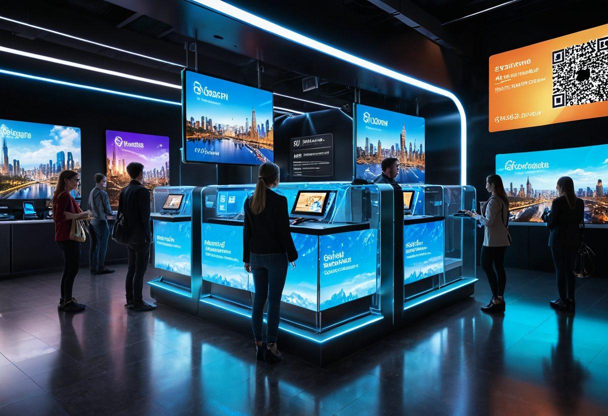 A futuristic ticketing counter with digital interfaces, showcasing diverse innovations like QR code scanning, live updates on a screen, and holographic displays of events. A diverse group of excited travelers interacts with the technology, highlighting convenience and modernization. A vibrant cityscape is visible through a glass backdrop, hinting at the adventures ahead. super-realistic. vibrant colors. 3D.