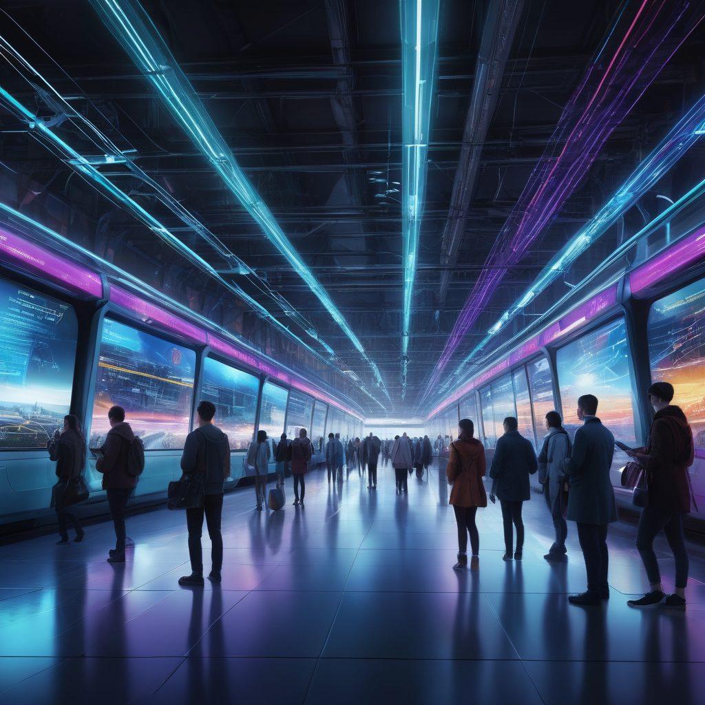 A futuristic scene depicting a diverse group of people engaging with advanced ticketing technology, such as holographic displays and mobile devices. The background features a sleek transport hub with kinetic elements, showcasing trains and planes connected seamlessly. Bright, glowing lines represent data flow and connectivity, creating an energetic atmosphere. Emphasize the blend of technology and human interaction. cyberpunk. vibrant colors. 3D.